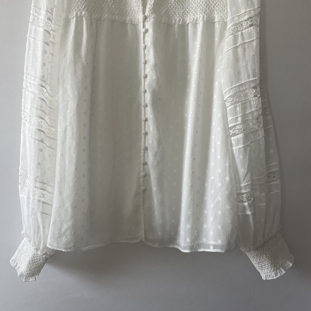 White House Black Market Lace Smocked Swiss Dot Blouse White Size L - Picture 3 of 15